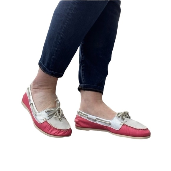 SPERRY TOPSIDER Audrey Pink & Silver Leather Slip On Loafers Shoes - Picture 1 of 12